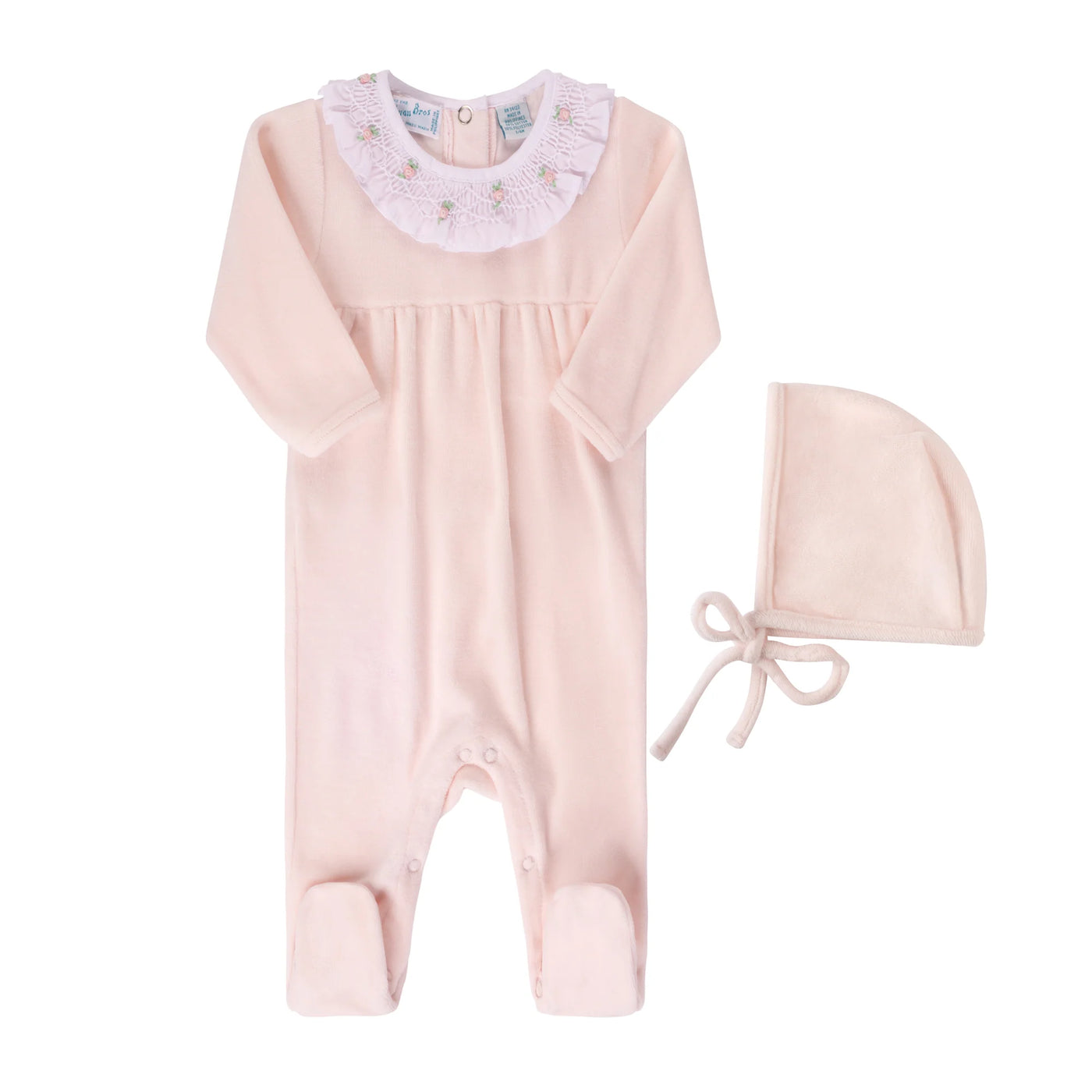Baby Girl Velour Smocked Collar Romper with Hat