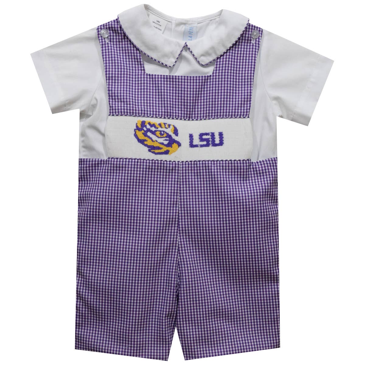 Vive La Fete - LSU Tigers Smocked Purple Gingham Jon Jon & Short Sleeve