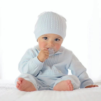 Combinaison longue en tricot torsadé avec bonnet - Bleu