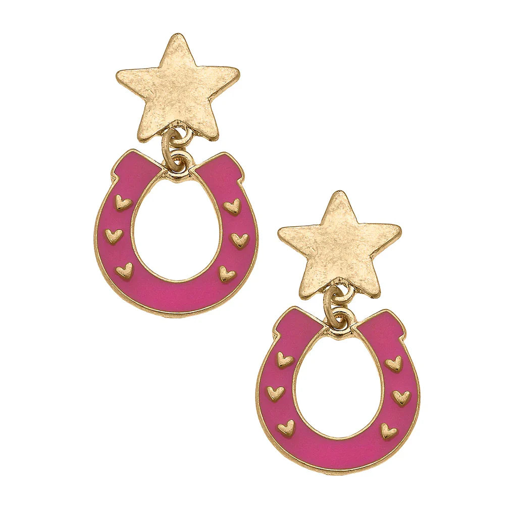 Boucles d'oreilles fer à cheval en émail Lucky Stars en fuchsia