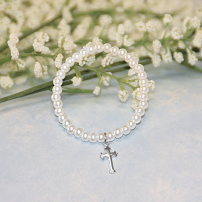 Collectables America - Pearl Bracelet 5" with Sterling Silver Cross STG-280