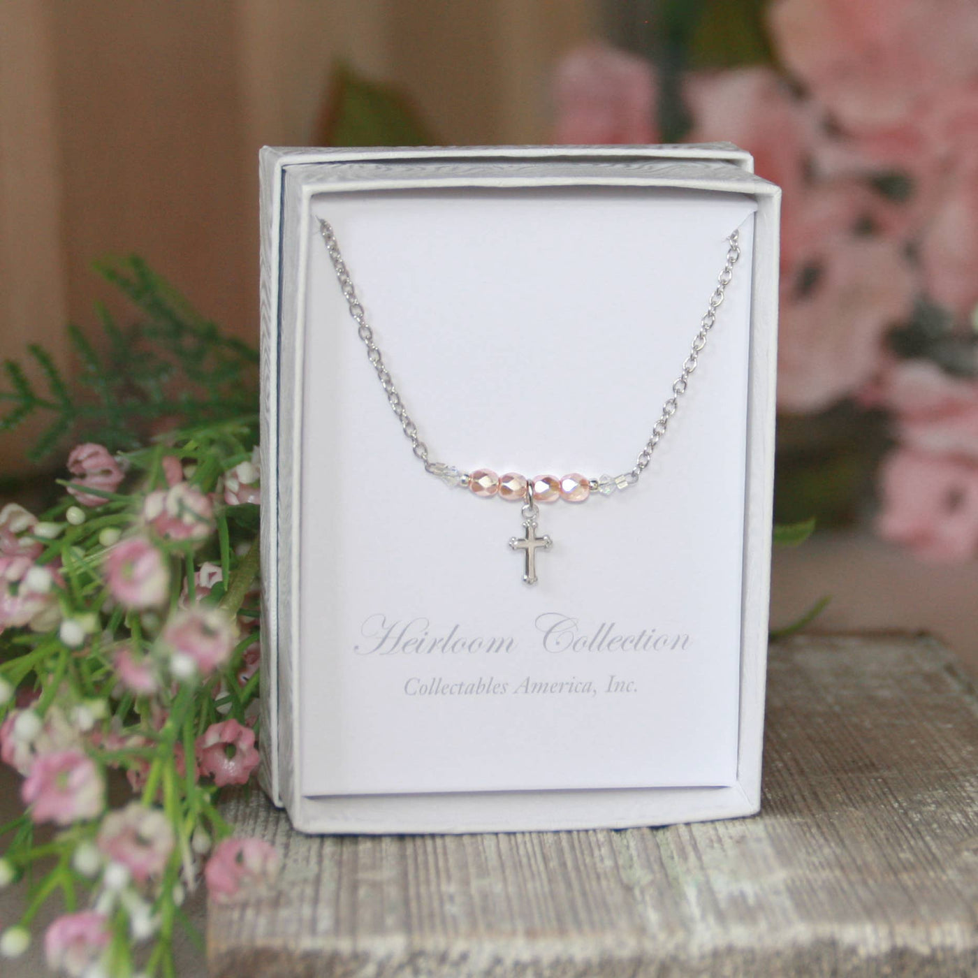 Collectables America - Pastel Pink Faceted Pearl Cross Necklace CJ-603