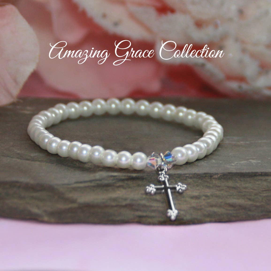 Collectables America - Bracelet classique pour fille avec perle et croix en rhodium 6,5" GG-48