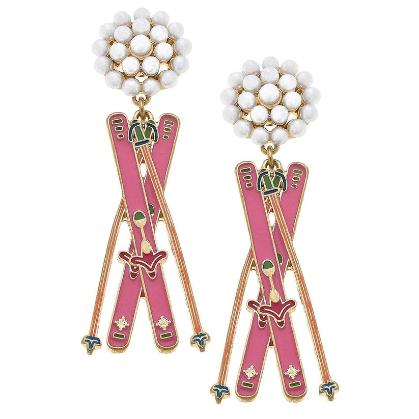 Boucles d'oreilles en émail avec grappe de perles de ski en rose