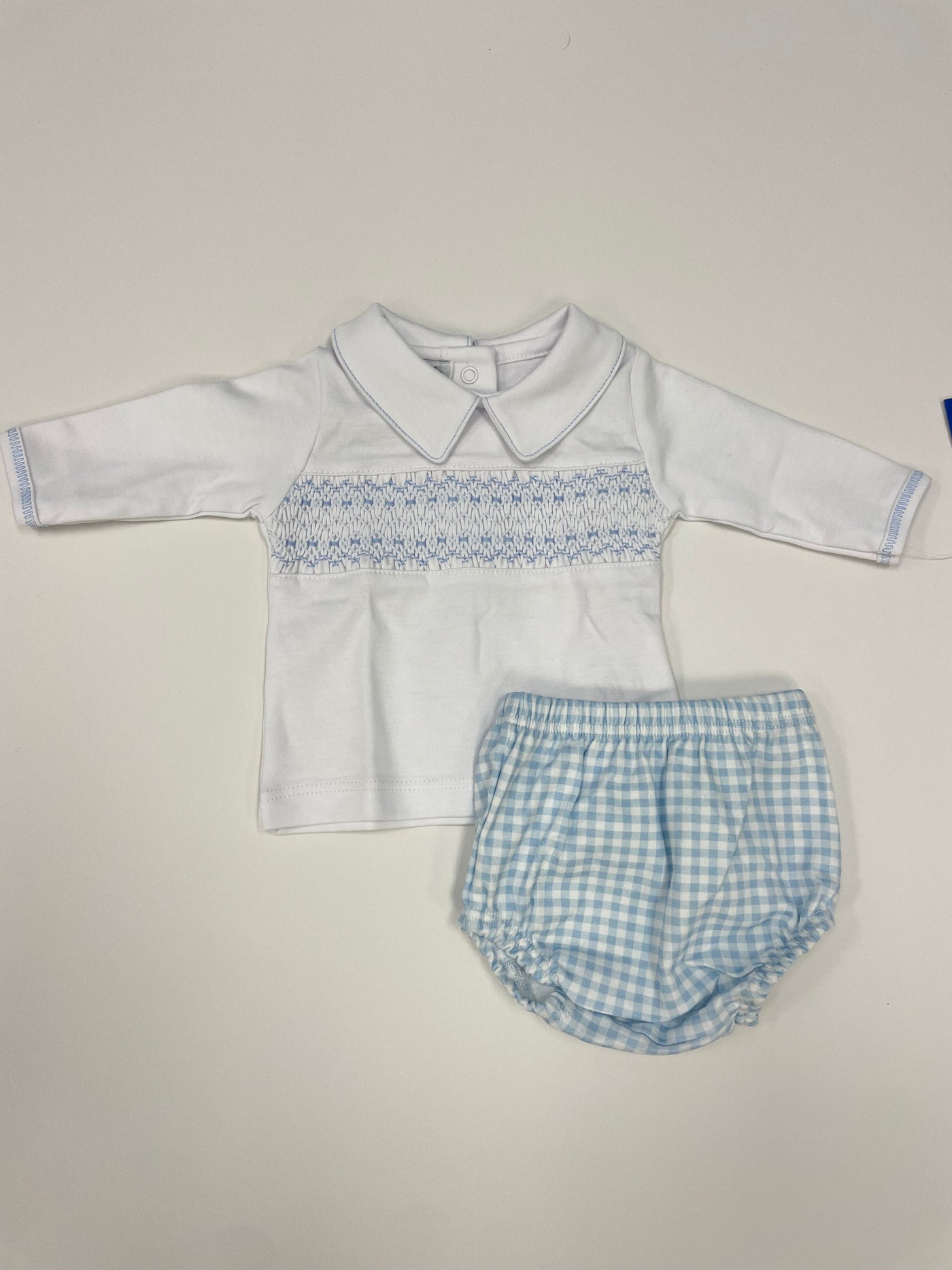 Emma and Aedan Smocked Collared Diaper Cover Set - light blue