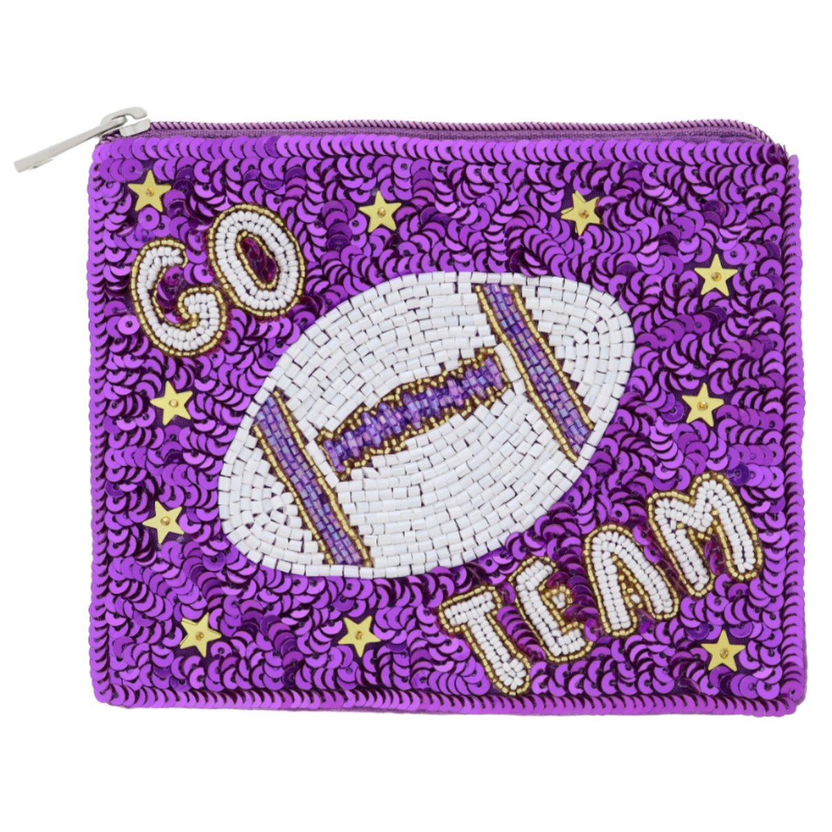 Purple Sequins "GO TEAM" with Gold, White, Purple- Coin Purse