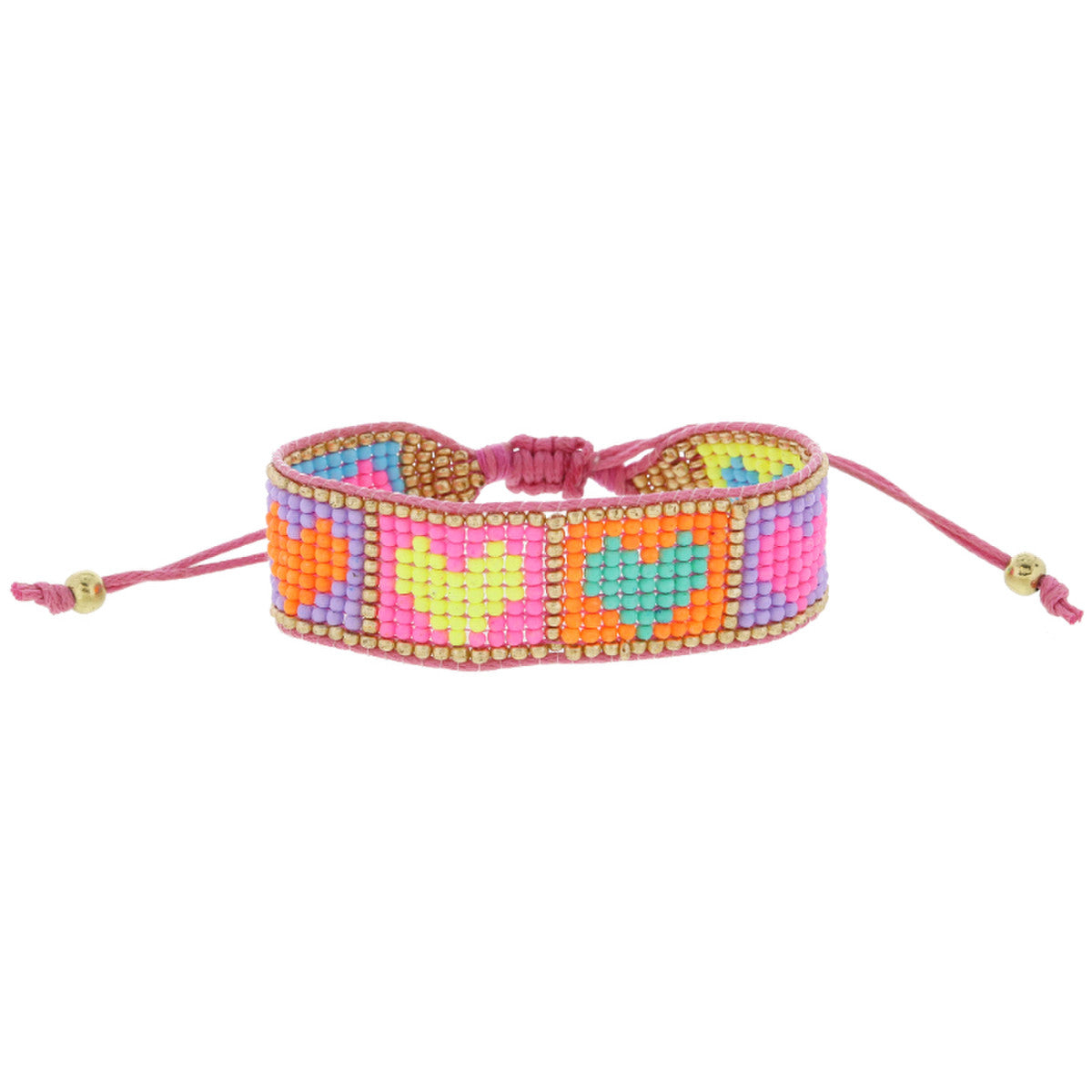Multi Colorblock Heart Squares with Gold Woven Beaded Band Bracelet