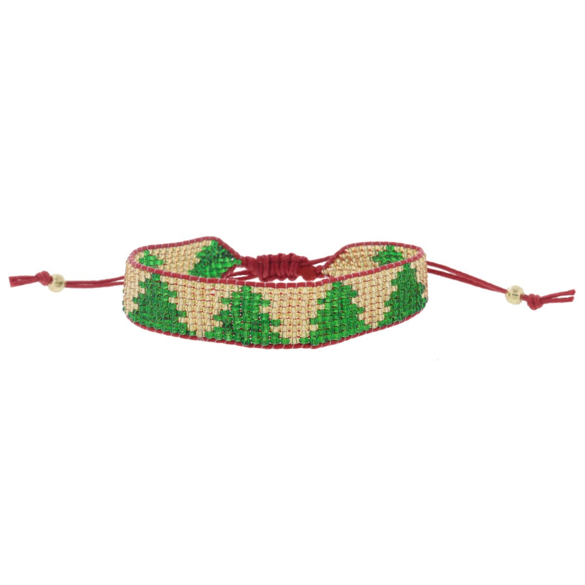 Gold with Green Christmas Trees Beaded Band on Red Cord- Bracelet