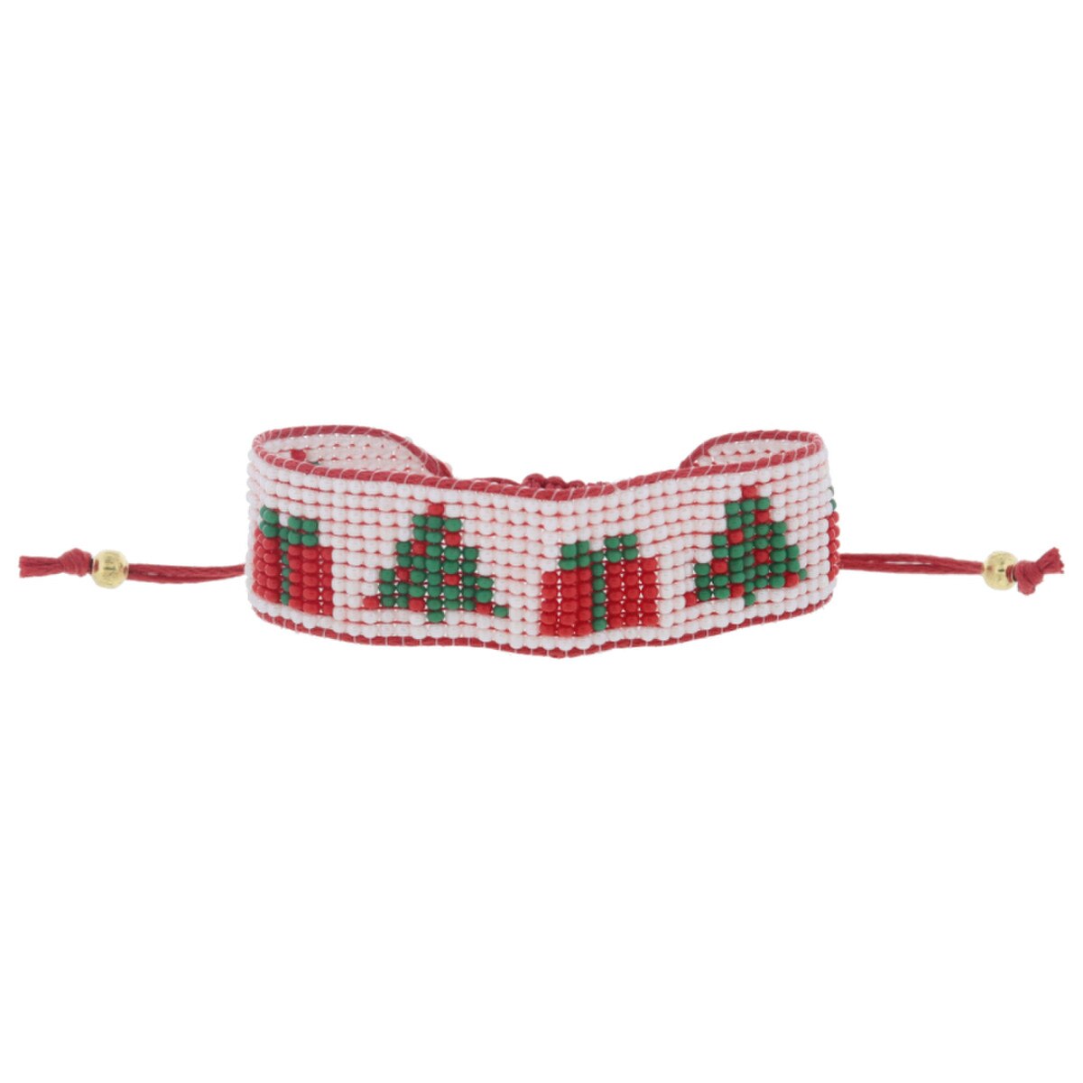 White with Red and Green Christmas Trees and Presents Beaded Band on Red Cord- Bracelet