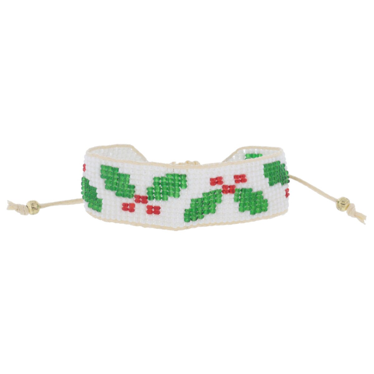 White with Green and Red Holly Beaded Band on White Cord- Bracelet