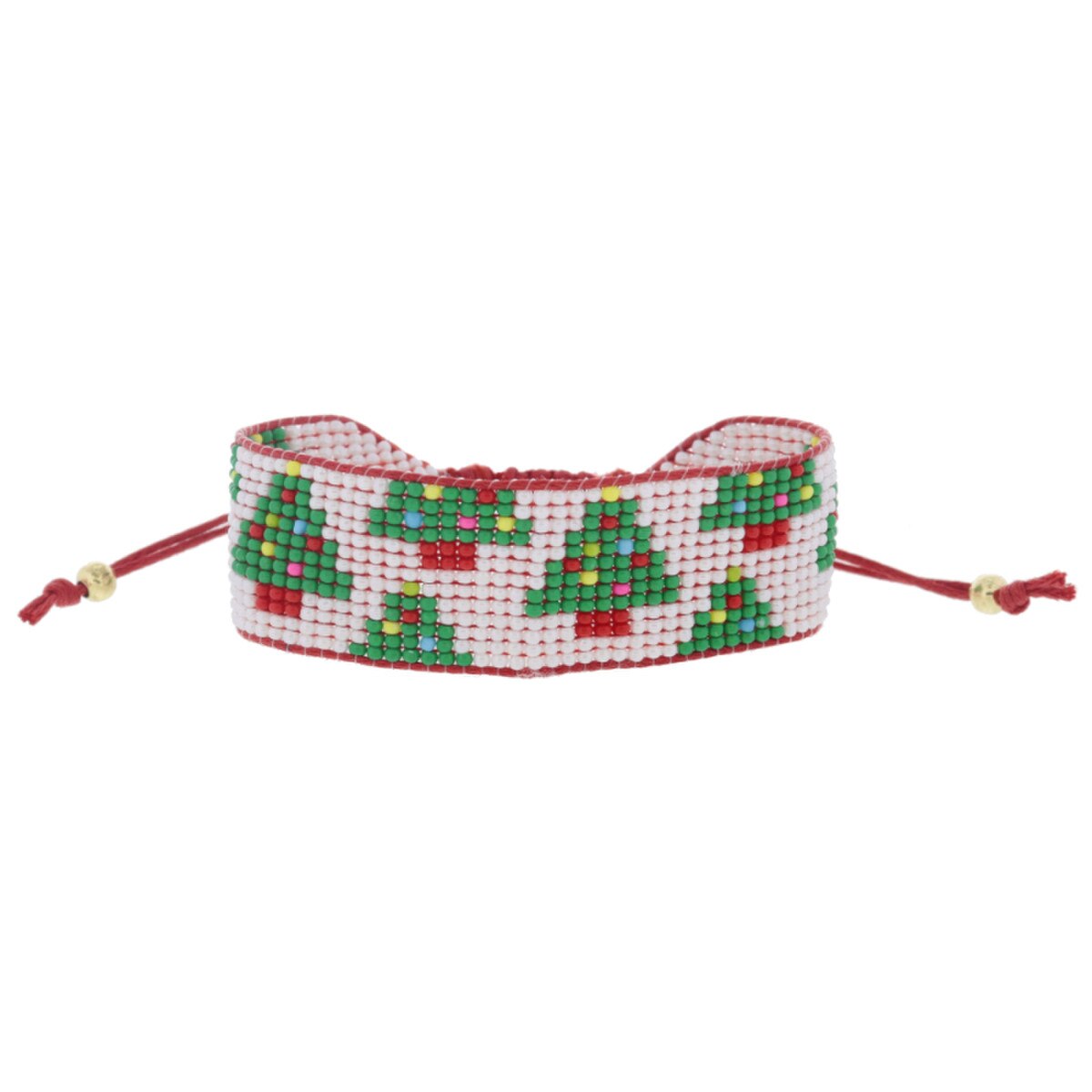 White with Multi Christmas Trees Beaded Band on Red Cord- Bracelet