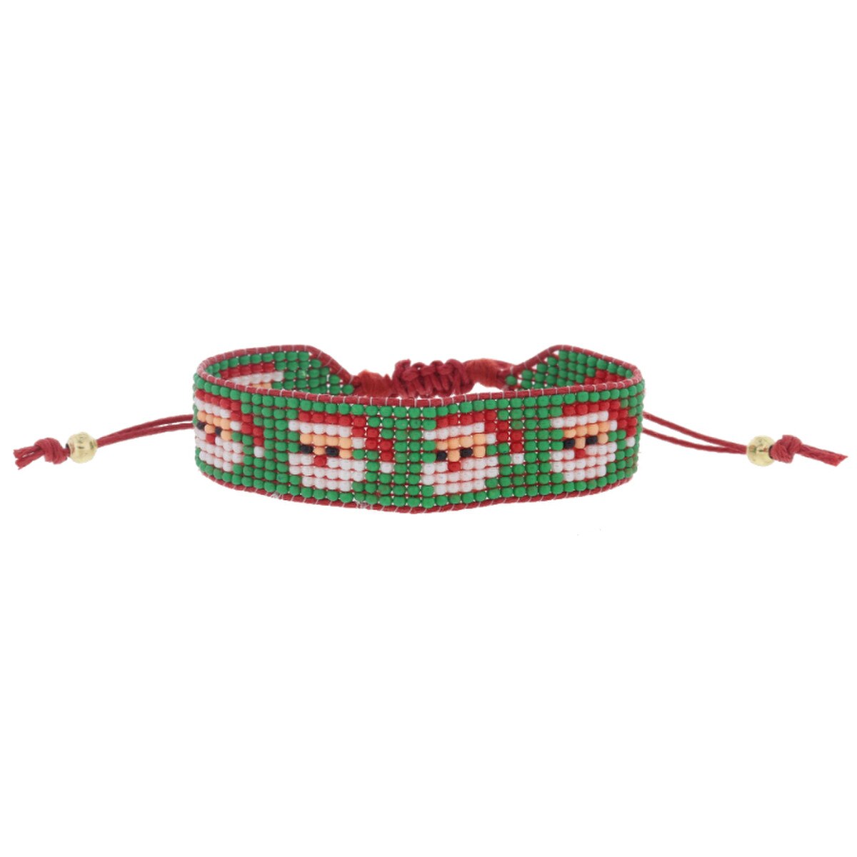 Green with Santa Heads Beaded Band on Red Cord Adj. Bracelet