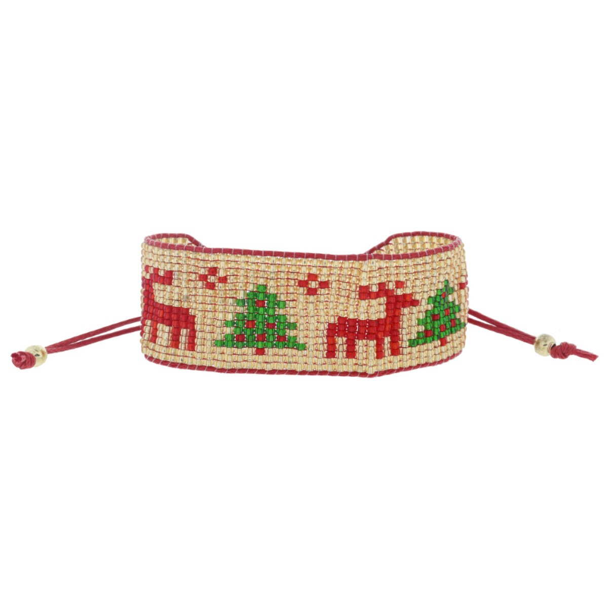 Gold with Christmas Trees and Red Reindeer Beaded Band on Red Cord Adj. Bracelet