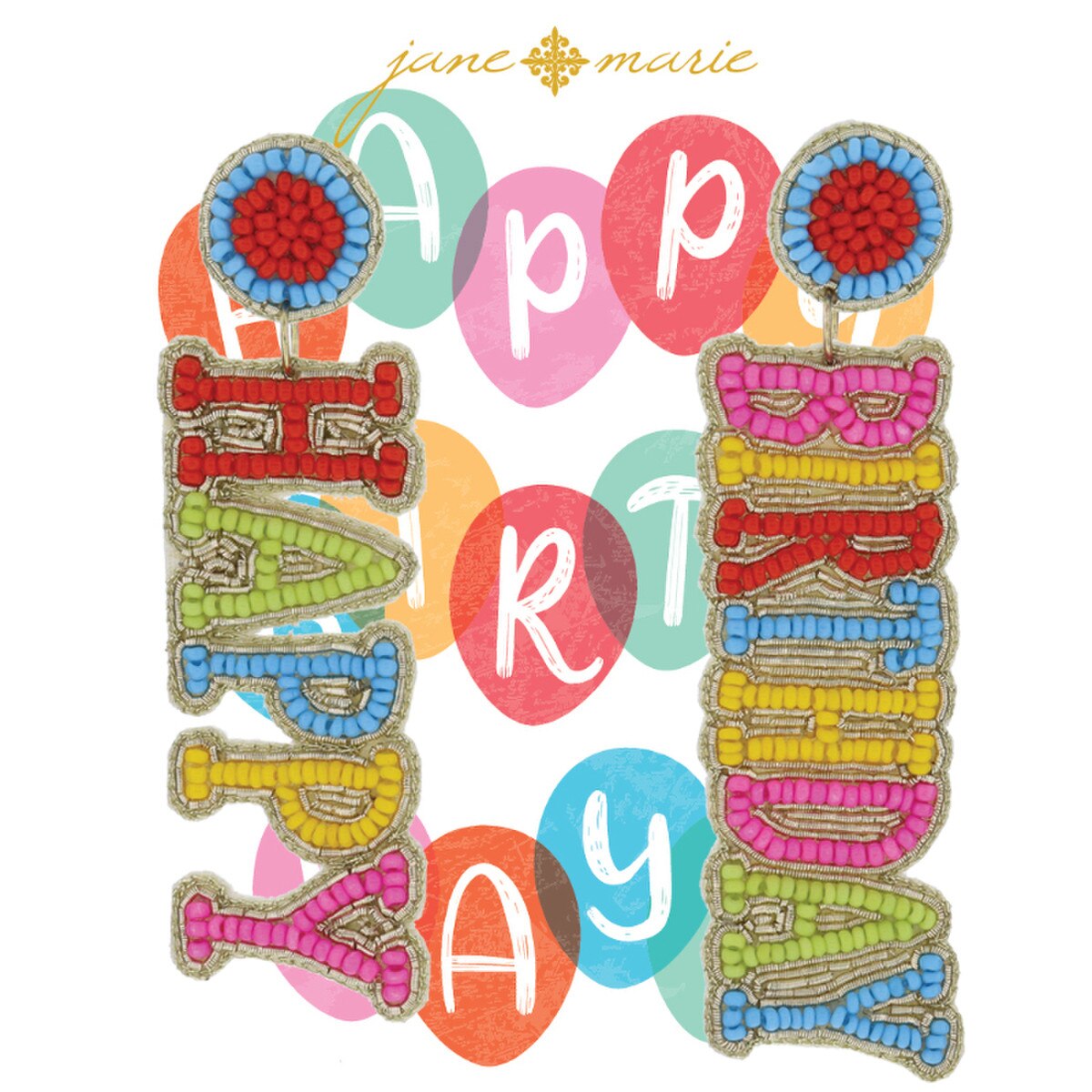 Beaded Post with "Happy Birthday" in Gold and Multi- Earrings