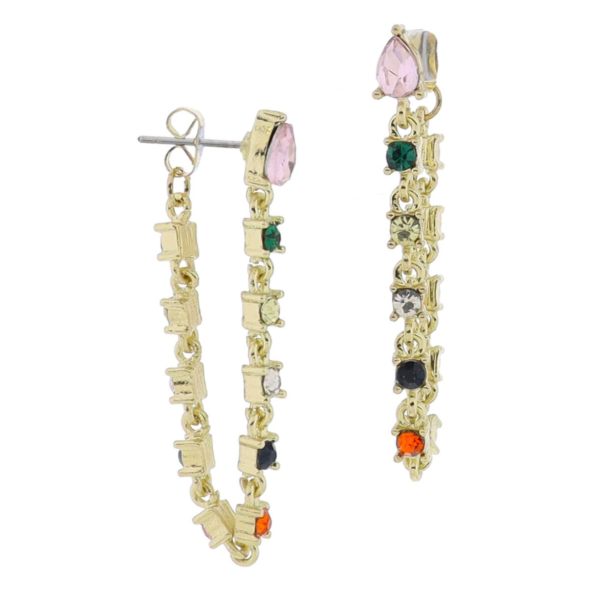 18K Gold Plated Pink Teardrop Crystal Post & Multi Crystal Wrap Chain Earrings, 1.75" Top to Bottom