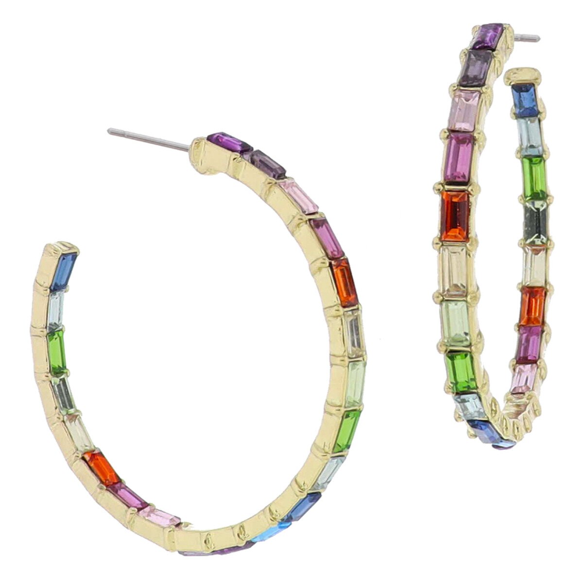 18K Gold Plated Multi Baguette Crystal Hoop Earrings, 1.5" Top to Bottom