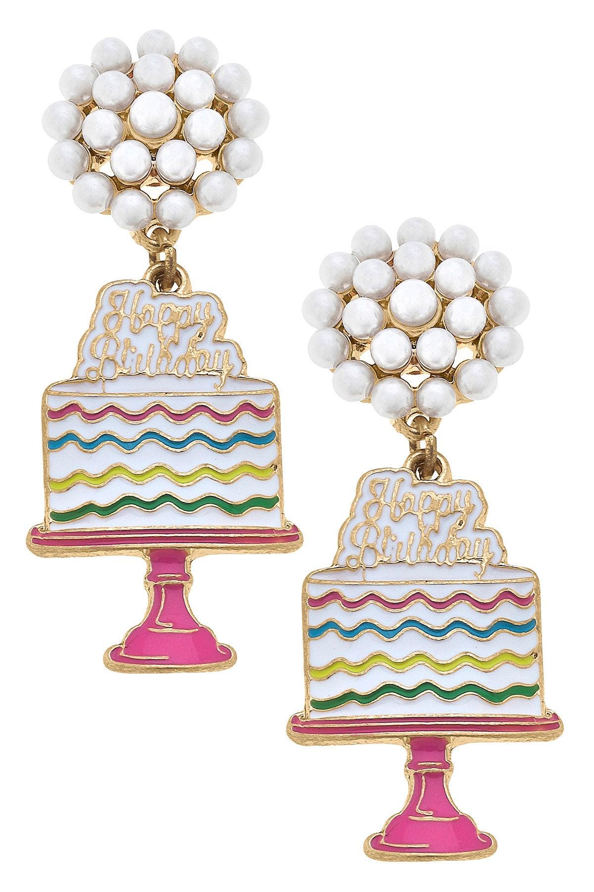 Birthday Cake Enamel Earrings in White