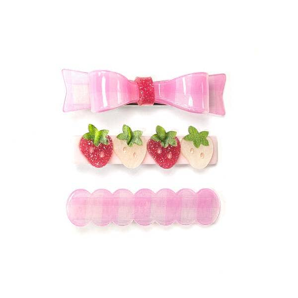 Lilies & Roses NY - SPR23 Pink checked bow + Strawberries Alligator clips set/3