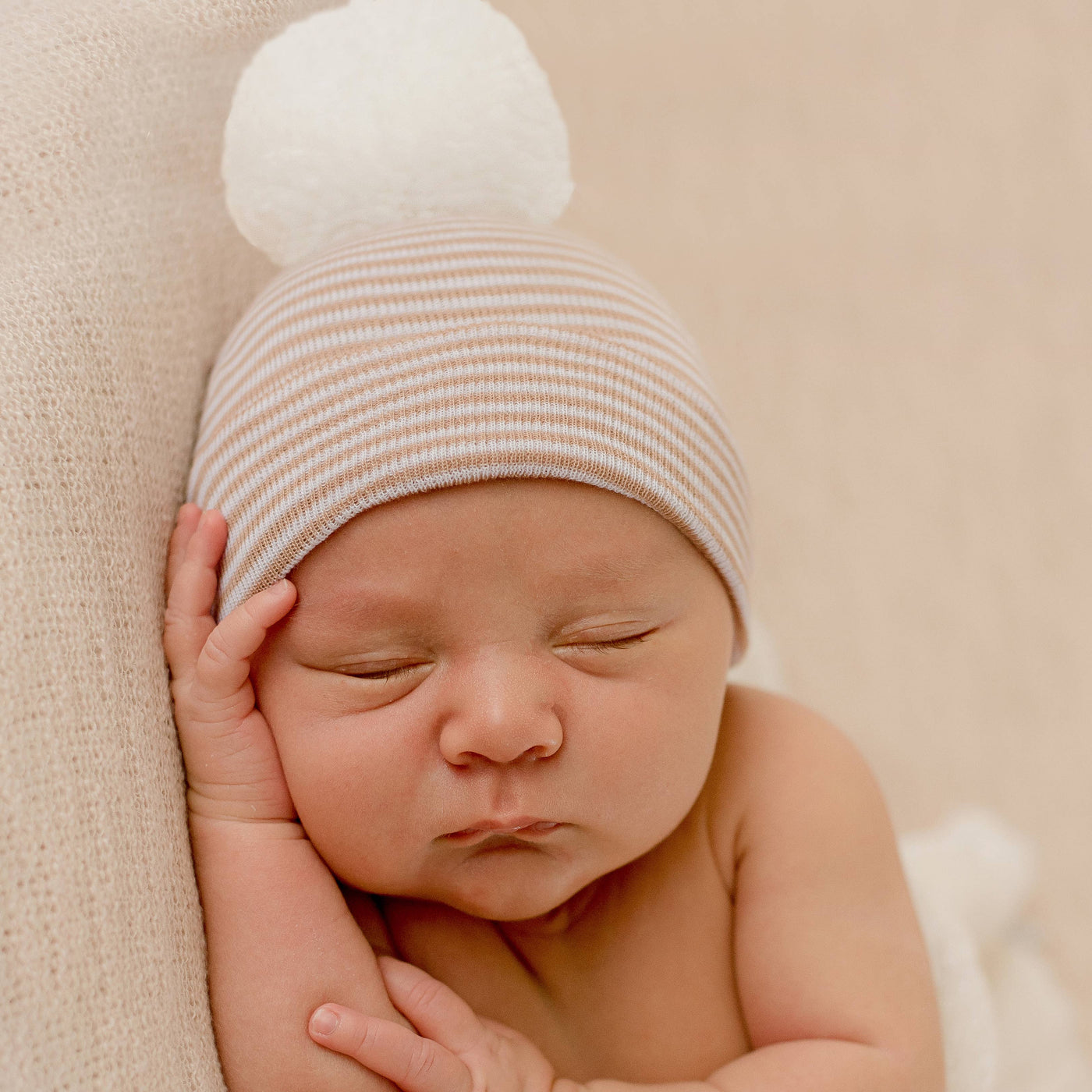 Tan and White Stripe Newborn Boy Hospital Hat White Handmade