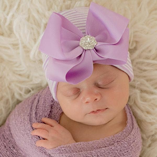 www.ilybean.com - CIARA BOW Purple Striped Baby Hat Purple Bow with Gem Baby
