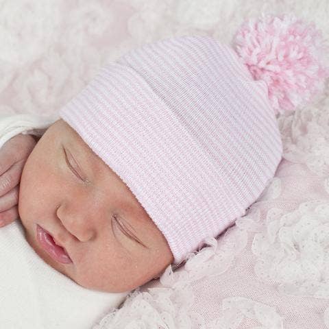 STRIPED PINK HAT WITH MIXED  POM POM