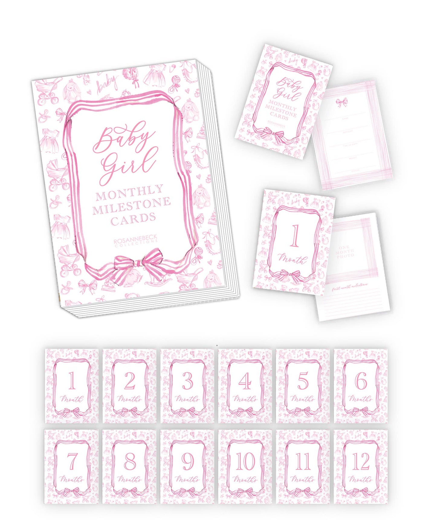 RosanneBeck Collections - Handpainted Baby Toille Pattern Pink Milestone Cards
