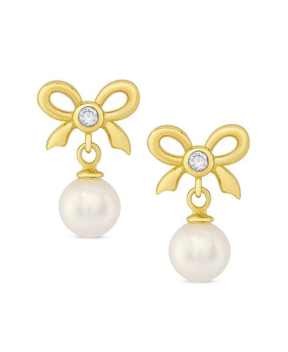 Lily Nily - CZ Bow and Freshwater Pearl Earrings In Sterling Silver - Mumzie's Children