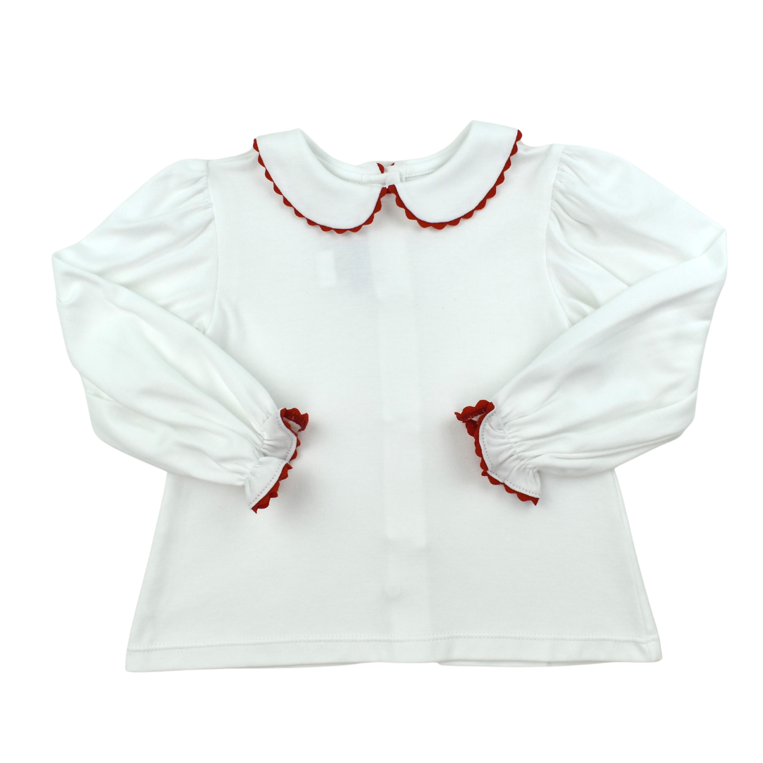 White Pima Collar Blouse with Red Rick Rack - Mumzie's Children