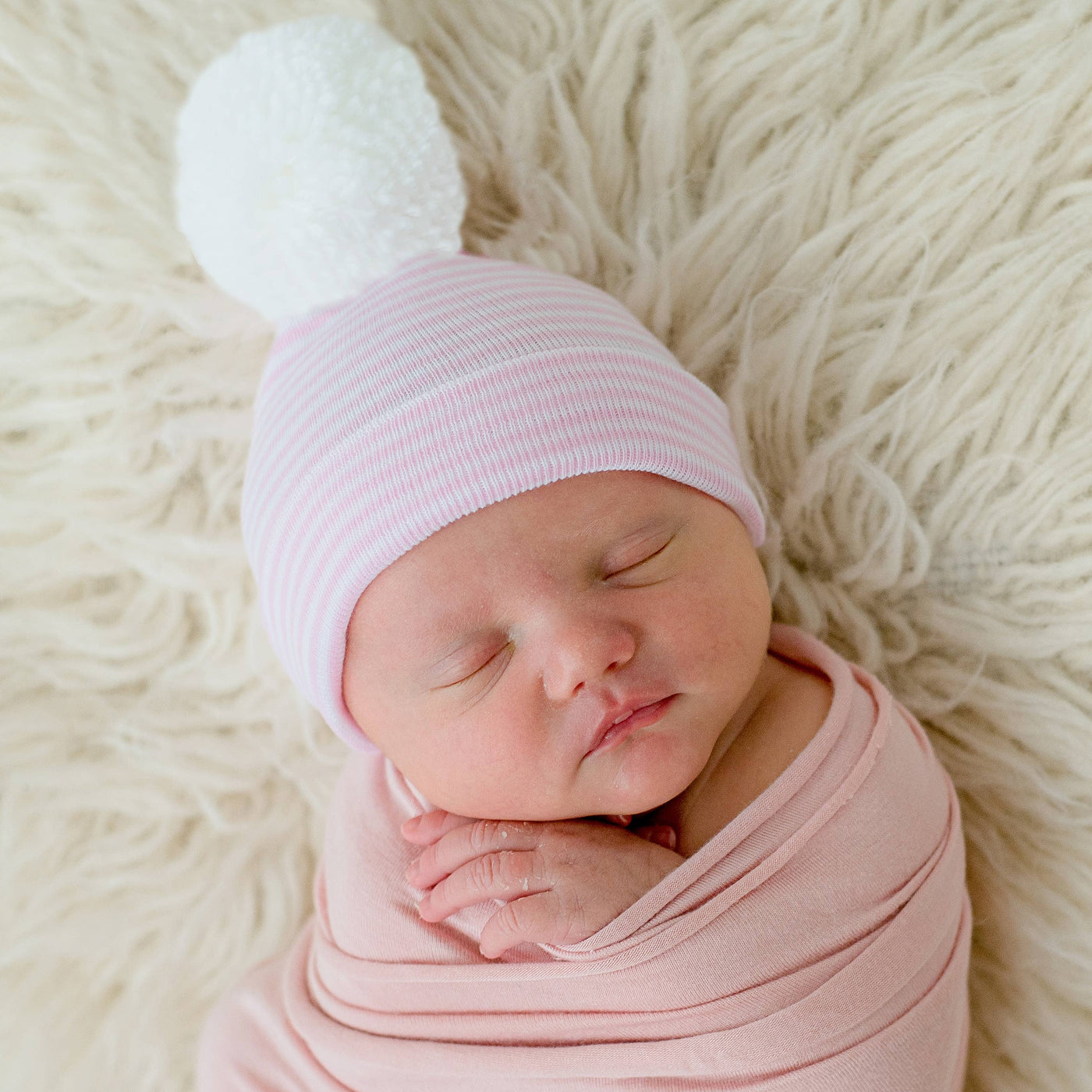 Wide Pink and White Striped Newborn Hospital Beanie