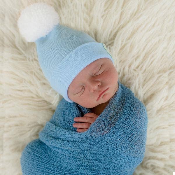 www.ilybean.com - Newborn Boy Blue Beanie with WHITE or Mixed Blue Pom Hat