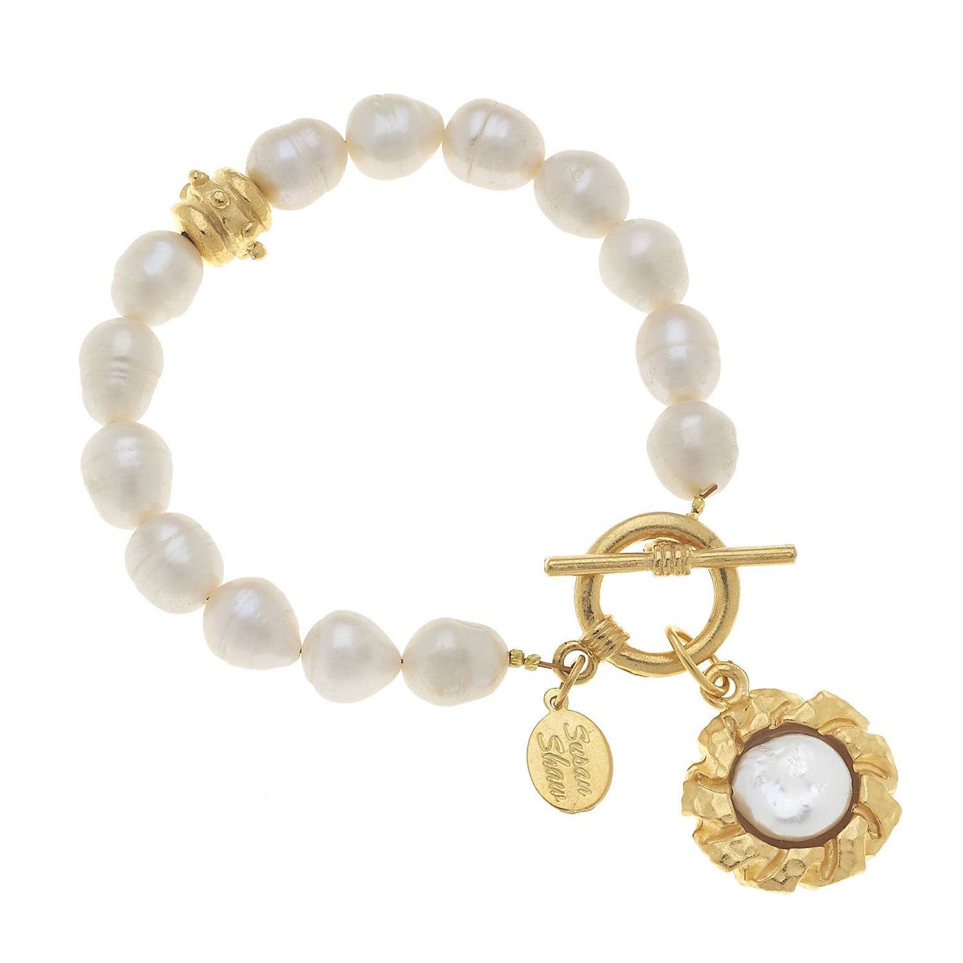 Susan Shaw - Genuine Freshwater Pearl Bracelet with Gold Cab and Genuine Coin Pearl Charm