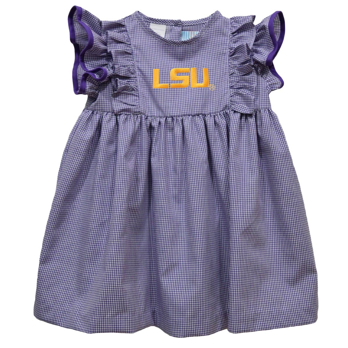 Vive La Fete - LSU Tigers Embroidered Purple Gingham Ruffle Dress