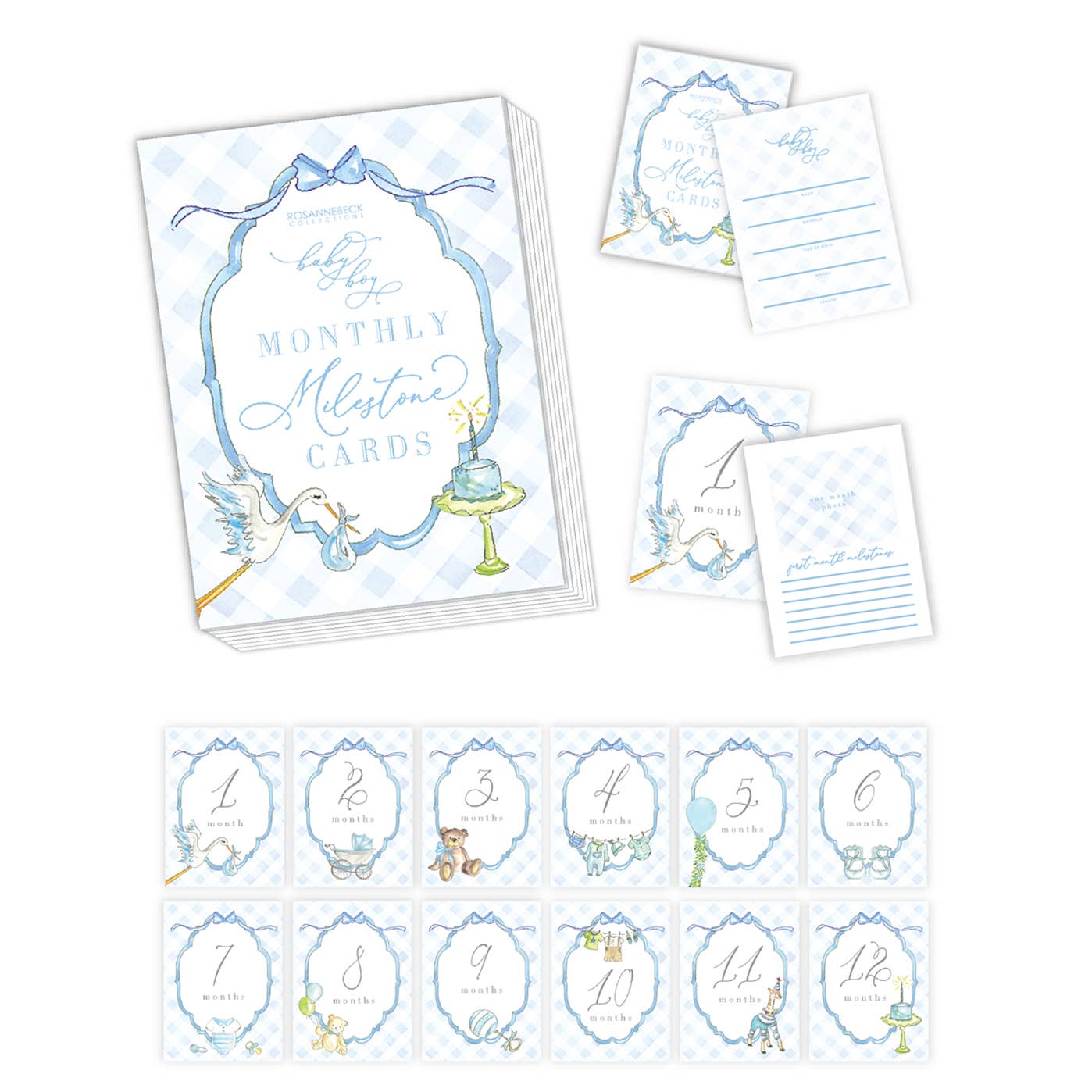 RosanneBeck Collections - Watercolor Baby Boy Blue Gingham Milestone Cards