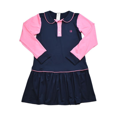 Darla Dropwaist Polo Dress LS - Navy Athleisure / Pink Placket & Sleeves - Mumzie's Children