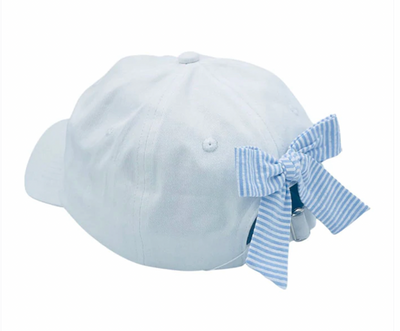 Bits&Bows-Bow Hat-White with Blue Striped Bow - Mumzie's Children