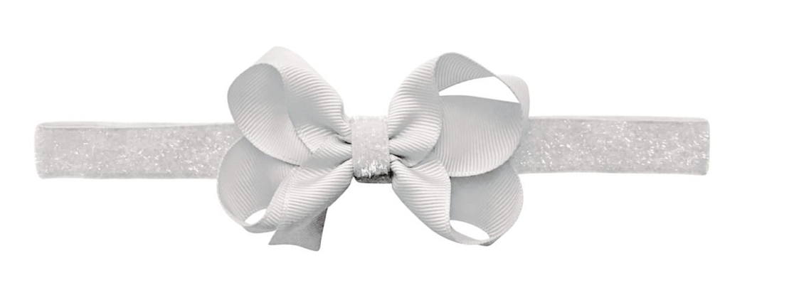 Med Boutique Bow-Elastic Hairband-White Colored Glitter-3-24Mo - Mumzie's Children