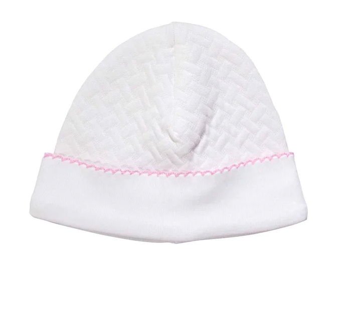 Bonnet pour bébé en tissu natté - Garniture rose
