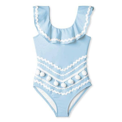 Stella Cove - Blue Full Shoulder Swimsuit With Ric Rac And Pom Pom - Mumzie's Children
