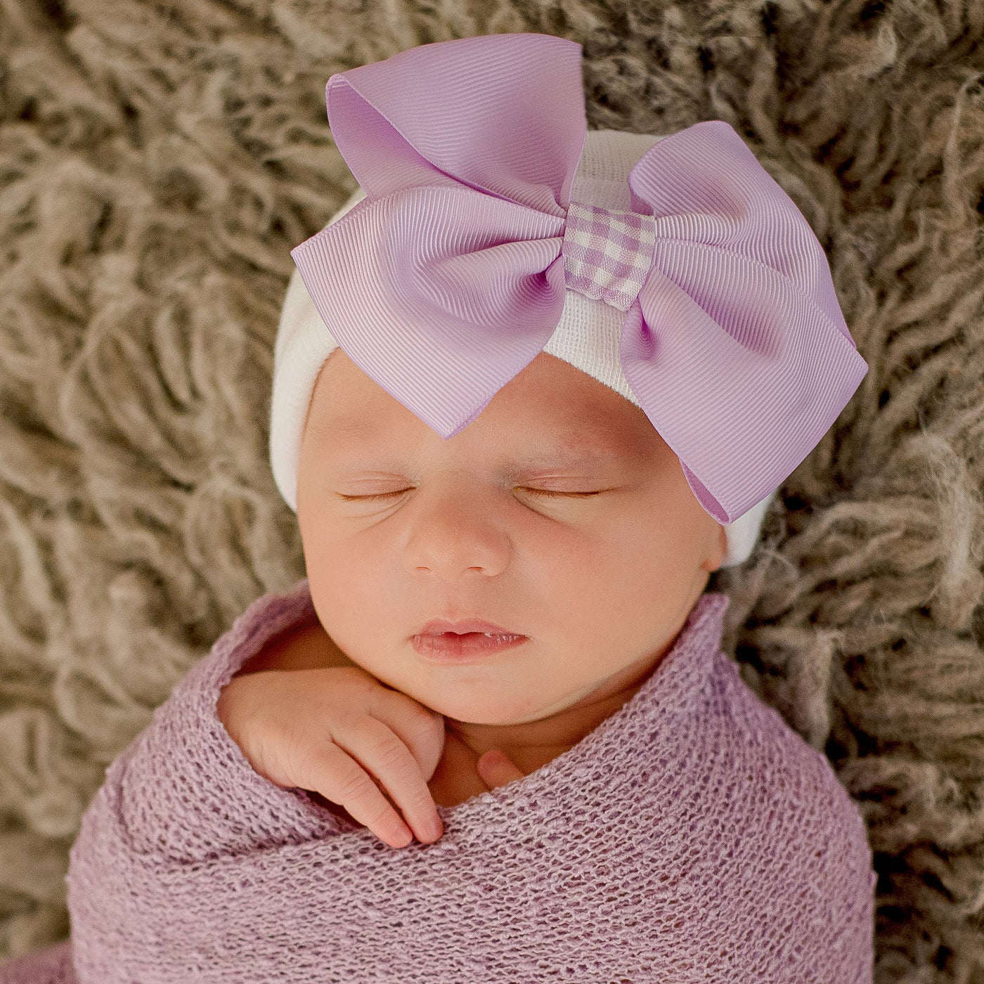 www.ilybean.com - Purple Gingham Bow Newborn Girl Hat -Purple Bow with Purple
