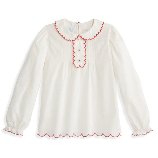 Scallop Trim Blouse-Ivory w/ Red